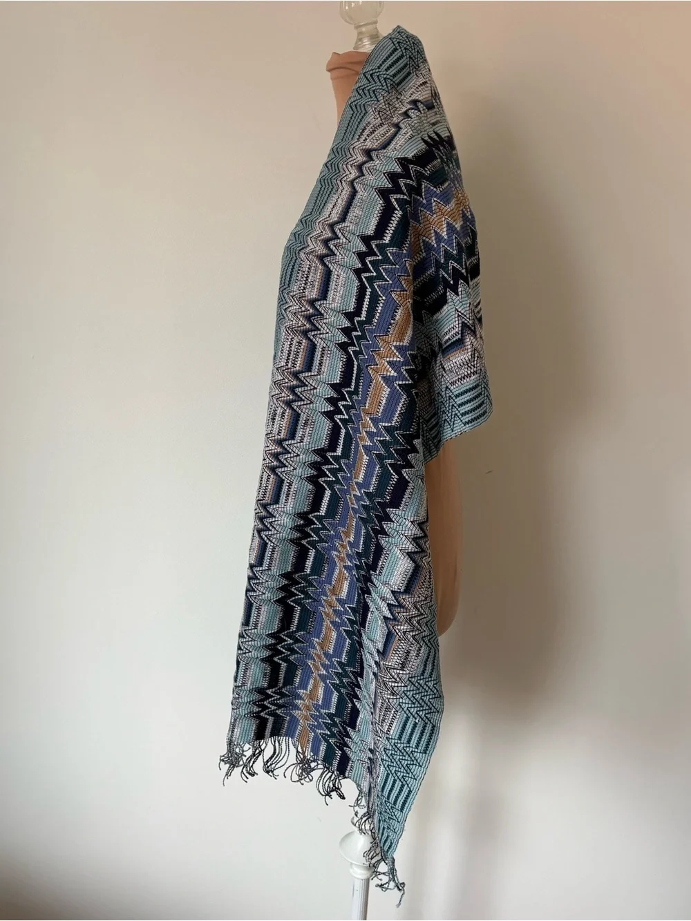 Missoni Wool ZigZag Patterned Blue Multi Fringe Edge Wrap Scarf NWOT 72.5”x16”
